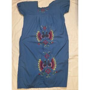 Women's Lightweight Bird and Flower Embroidered Dress, Blue, Size L/XL